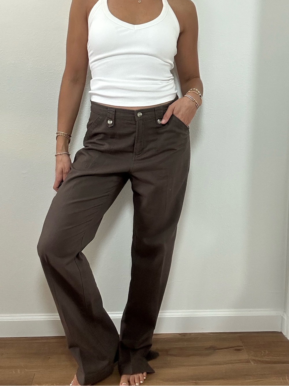 Columbia Chocolate Brown Linen Blend High-Rise Straight Leg Pants Size 8